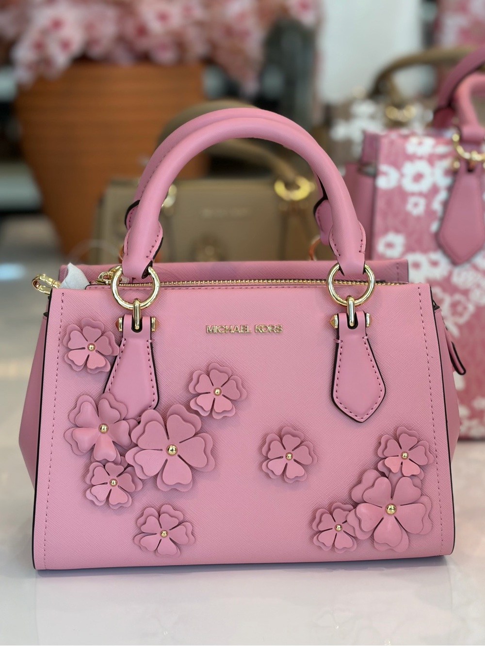 MICHAEL KORS Marilyn Small Floral Embellished Satchel Carnation - Picture 10 of 13